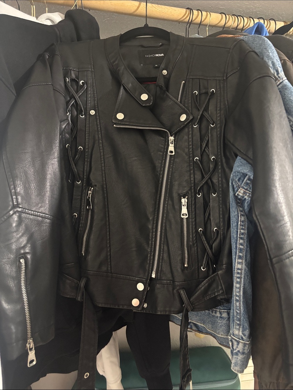 Fashion Nova Black Lace-Up Faux Leather Moto Jacket with Zipper Details